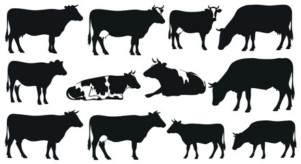Collection of cow silhouettes poses for branding farm fresh dairy products and rural lifestyle designs
