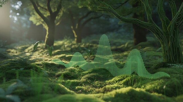 Lush forest floor with digital waveform overlay moss - Powered by Adobe