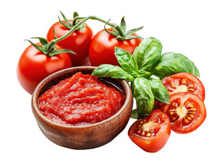 A wooden bowl of tomato sauce surrounded by whole tomatoes and basil on a black background studio shot