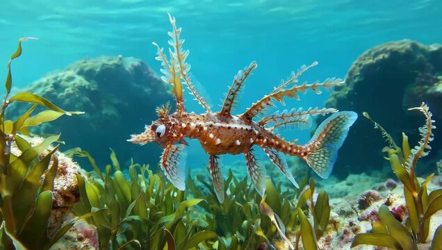Ornate ghost pipefish swims gracefully through clear blue ocean waters near vibrant green seaweed and rocky formations in a stunning underwater scene showcasing marine life diversity
