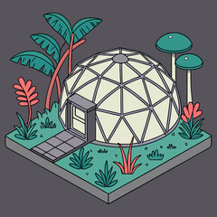 Vector art of isometric illustration of a geodesic dome house surrounded by lush tropical plants, featuring a banana tree, mushrooms, and various flowers in a colorful and whimsical style
