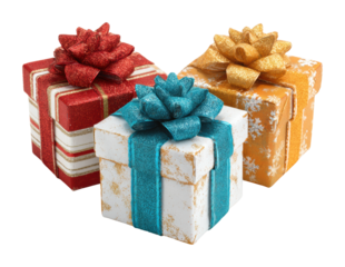 Festive gift boxes with colorful ribbons holiday setup isolated on transparent background