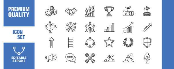 Business and success icon set in outline style includes icons such as gears, handshake, teamwork, trophy, money, growth, target, leadership, chart, arrow, and more