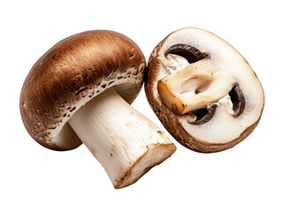 A close up shot of a whole brown mushroom and a half mushroom on a black colored background surface