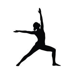 Fototapeta premium Silhouette of a woman in warrior two yoga pose isolated on white background the figure is a dark gray against a white backdrop, showcasing a strong and balanced stance