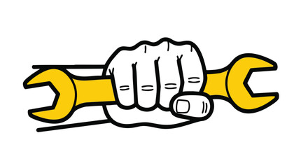 Strong hand grips yellow wrench tool, symbolizing repair, construction, and mechanical expertise
