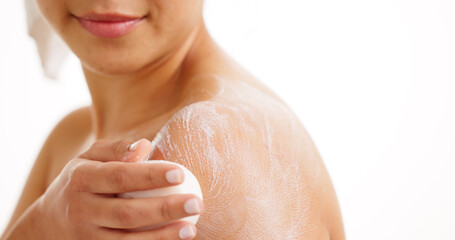 Body care, cleaning and woman in studio with soap bar, natural cleanser or skincare for shower....
