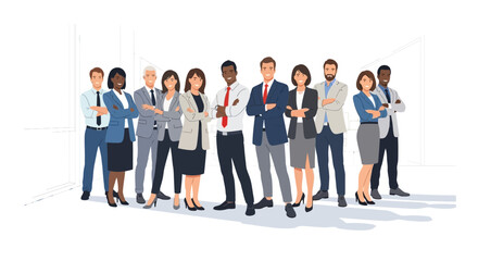 A confident and diverse group of business professionals standing together as a successful corporate team. Flat vector illustration on a white background
