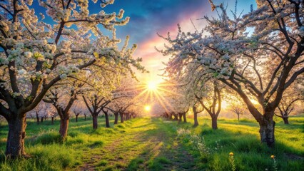Sunlit Blossoms A Springtime Pathway Through an Orchard of Flowering Trees at Sunrise