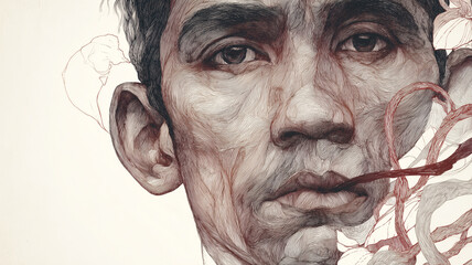 Man portrait with detailed facial lines and red vascular illustration