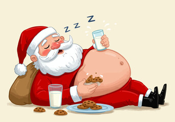 Santa Claus Sleeping After Eating Cookies and Milk on Christmas Eve.