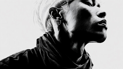 Monochrome portrait of a person with short hair