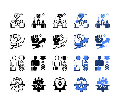Celebration, Motivation, Achievement, Employee engagement, multiple style icon set.