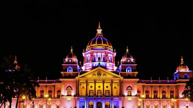 Grand illuminated building celebrating karnataka rajyotsava vibrant lights adorn architectural beauty for kannada festival