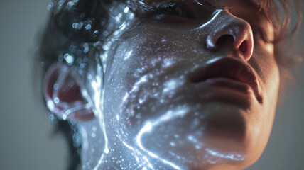 Person face with glowing light pattern