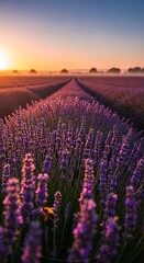 Fototapeta premium A vast field of vibrant purple lavender blossoms stretches out beneath a golden sunrise, creating a serene and picturesque landscape.