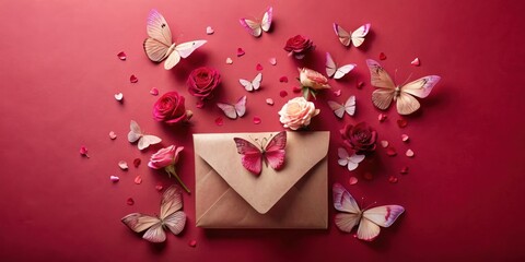 A romantic message conveyed through delicate blossoms and winged creatures, nestled within a kraft envelope on a rich crimson backdrop.