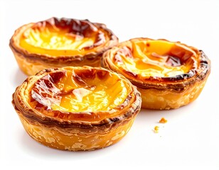 Three Delicious Portuguese Custard Tarts on a White Background