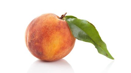 A single fresh peach with a green leaf, professionally photographed in sharp focus on a clean white background.