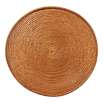 Round woven natural fiber tray with a spiral pattern on a white background straw rattan