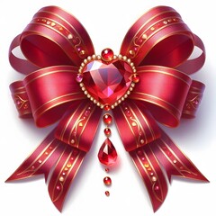 A red ribbon bow with gem in heart shape isolated on white background .