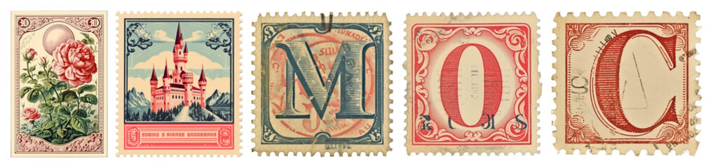 Obraz premium PNG Vintage postage stamp typography, element set on transparent background