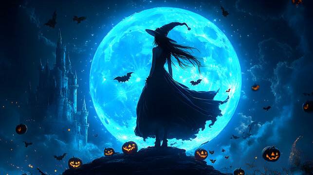 Modern 3D fantasy illustration of witch sorcerer in front of glowing moon, Halloween scene with spooky pumpkins, bats and haunted castle, dark cartoon wallpaper design with magic and fairy tale elemen