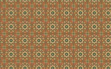 Decorative Seamless Pattern flowers green and orange color, Decoration PNG file, Decorative flowers and star.
