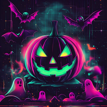 Neon glowing Halloween Cyberpunk Pumpkin with bats