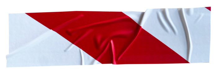 Crumpled torn pieces of red and white striped hazard tape, adhesive sealing tape, sticky torn plastic on transparent background, caution tape