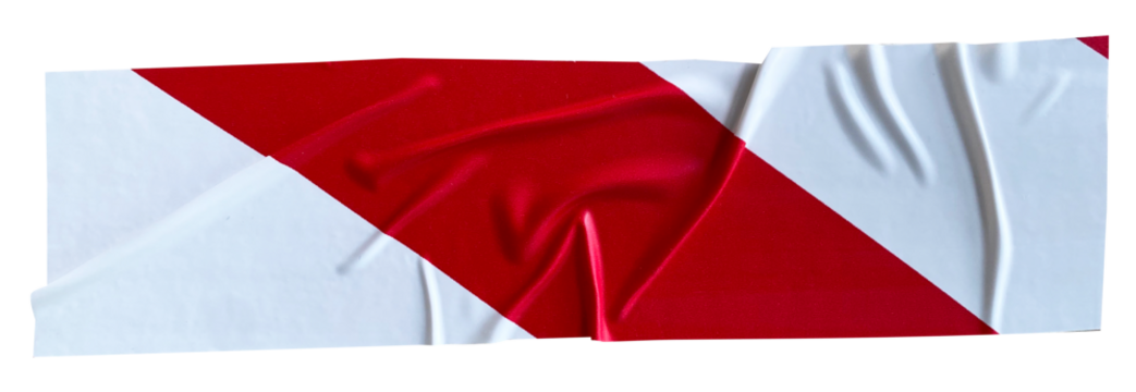 Crumpled torn pieces of red and white striped hazard tape, adhesive sealing tape, sticky torn plastic on transparent background, caution tape