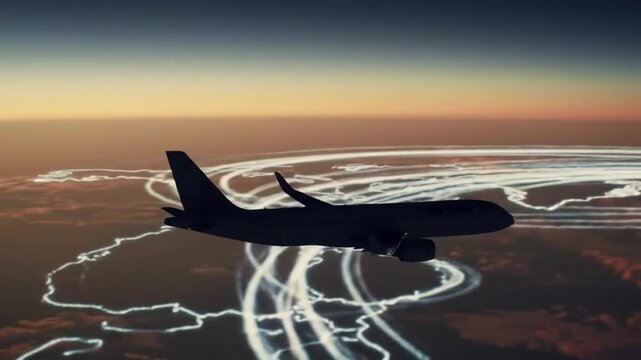 Futuristic Air Travel: Jetliner Navigates Glowing Data Streams Above the Clouds at Sunset - Powered by Adobe