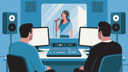 Illustration Of A Woman Recording In The Studio With Several Producers Vector Design Template