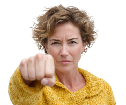 Empowered woman fist gesture portrait isolated on transparent background