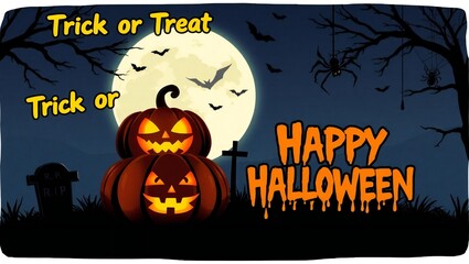 Spooky halloween night with jack o lanterns and full moon