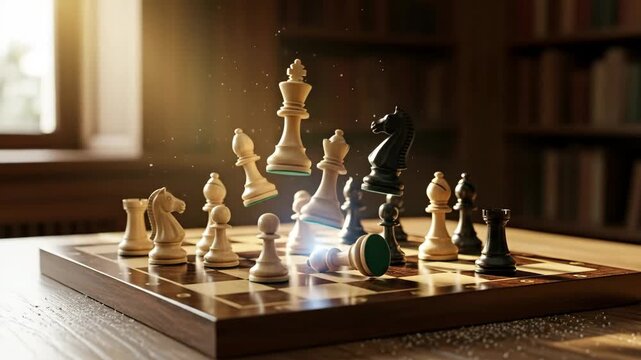 Levitating Chess Pieces Cinematic Game - Chess pieces magically levitate above a wooden chessboard in a dramatic scene, set against a warm, library background.