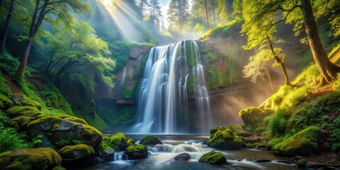 Obraz premium Serene Waterfall Cascading Through Lush Green Forest Bathed in Golden Sunlight