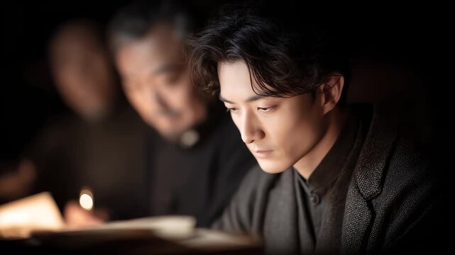 Young Scholar Focusing on Research Under Dim Light