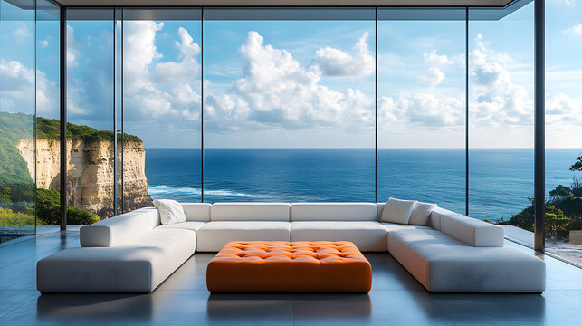 Luxury oceanfront property with modern living room interior, sleek designer furniture and minimalist decor, floor to ceiling glass windows offering panoramic coastal view architecture dream home