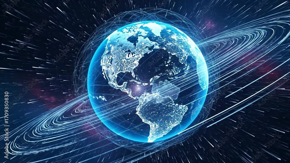 Poster global network connections at night - a stylized depiction of earth at night, enveloped by glowing s