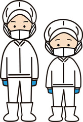 工場で働く姿の男性と女性(マスクあり)