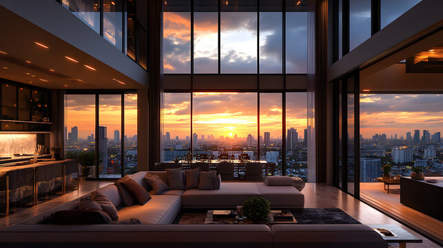 Modern luxury penthouse apartment with stylish living room and kitchen, floor to ceiling windows overlooking panoramic city skyline at sunset, minimalist interior decor dream millionaire lifestyle