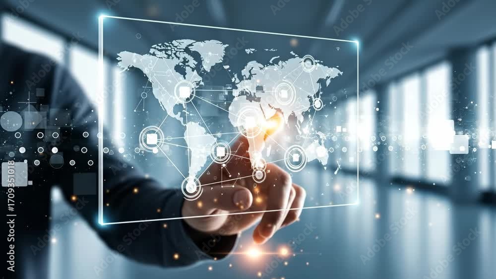 Poster global network connection - a hand interacts with a holographic display showing a world map intercon