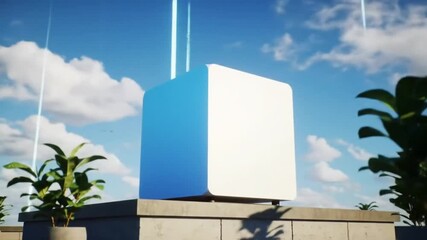 Futuristic Technology Cube Receiving Digital Light Beams from the Sky on a Green Rooftop - Powered by Adobe