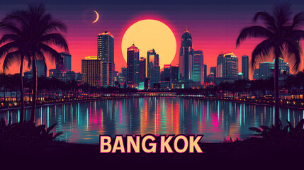 Naklejka premium Retro pop art Bangkok travel scene, tropical palm trees and illuminated skyline reflecting in water, vibrant neon sunset glow, trendy modern 3D digital cartoon architecture illustration banner artwork