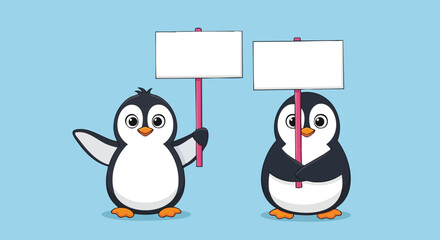 Adorable penguins holding blank signs, perfect for adding your message with a fun and playful touch