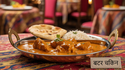 Creamy Indian Butter Chicken Served with Basmati Rice and Naan