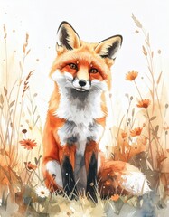 Obraz premium 水彩画のかわいいキツネのイラスト 