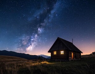 Idyllic cabin illuminated under the starlit expanse of the night sky