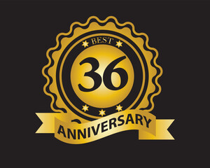36th Anniversary Golden Badge. Best Anniversary Seal with Ribbon. Vector Illustration on Black Background
